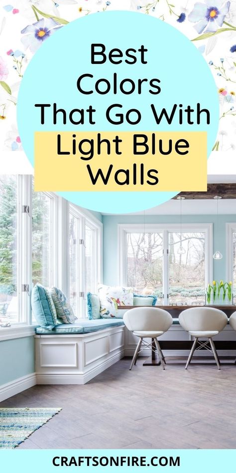 Here is a full list of the best colors that go with light blue walls to make your decor look expensive and gorgeous. All of these colors are great for any size kitchen or style. Blue Wall Decor Living Room, Blue Room Paint, Blue Living Room Color Scheme, Blue Living Room Color, Small Kitchen Colors, Light Blue Rooms, Light Blue Houses, Light Blue Living Room, Blue Bathroom Walls