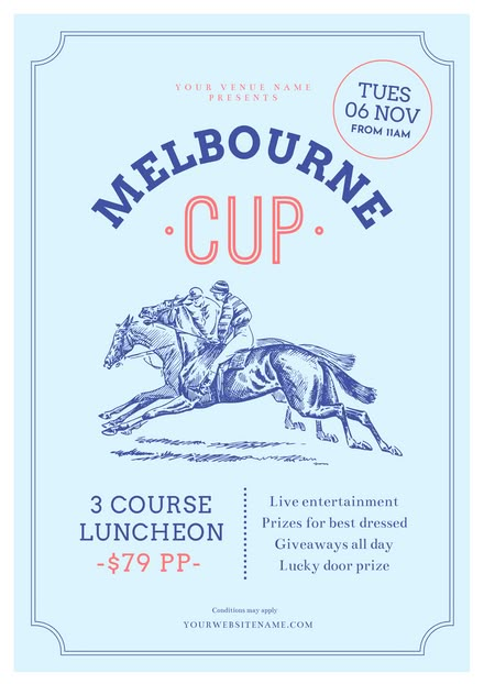 Light Blue Melbourne Cup Promotion Template with Vintage Illustration Melbourne Cup Poster, Vintage Event Poster, Copa Piston, Melbourne Poster, Melbourne Races, College Ministry, Vintage Flyer, Tourism Design, Diy Graphic Design