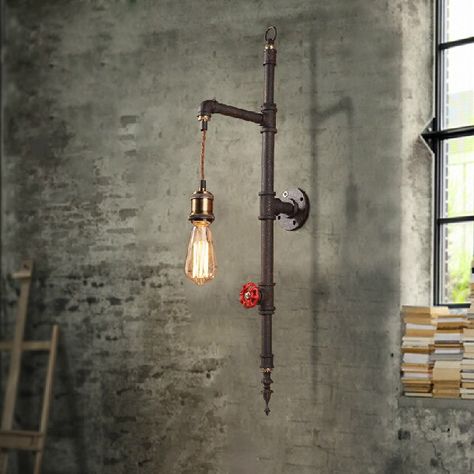 Industrial Styled Pipe 1-Light Hanging Exposed Bulb Wall Light in Rust - Lighting Industrial Pipe Decor, Bedroom Wall Sconces, Lake House Decorating Ideas, Industrial Piping, Pipe Wall Lamp, Pipe Lights, Lake House Decorating, Master Bath Lighting, House Design Architecture