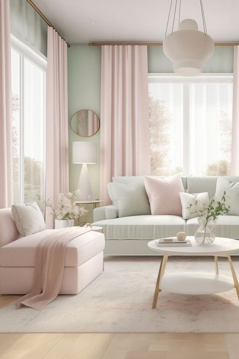 Pastel Lounge Room, Pale Pink Walls Living Room, Olive Walls, Pink Room Decor Ideas, Pastel Interior Design, Pastel Living Room, Minimalist Pastel, Pastel Interior, Latest Living Room Designs