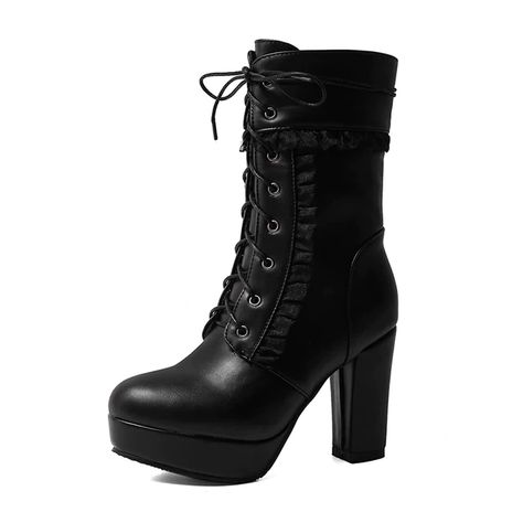 Gdgydh 2020 Autumn Winter Short Boots For Women High Hoof Heels Lace-up Ankle Strap Buckles Female Ankle Boots Fashion Ruffles _ - AliExpress Mobile Hoof Heels, Short Winter Boots, Bridal Boots, Black Lace Up Boots, Black High Heel Boots, Beige Shoes, High Heel Boots Ankle, Fashion High Heels, Boots Fall