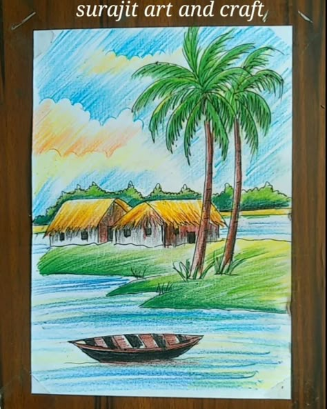 Beautiful Senary Drawing Easy, Drawing Of A Village, Drawing Of Scenery Landscapes, Village Scene Drawing Pencil Sketch, Colourful Scenery Drawing, A Village Scene Drawing, Village Scene Drawing Pencil Colour, Scenery With Pencil Colour, Scenery Drawing With Colour Pencil