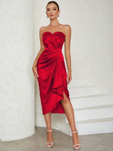 Ruched Asymmetrical Hem Satin Tube DressI discovered amazing products on SHEIN.com, come check them out! Bandage Dress Outfit, Satin Tube Dress, Nye Dresses, Preppy Prom, Lisa S, Business Formal Dress, Boho Bridesmaid, Formal Dresses Gowns, Engagement Outfits