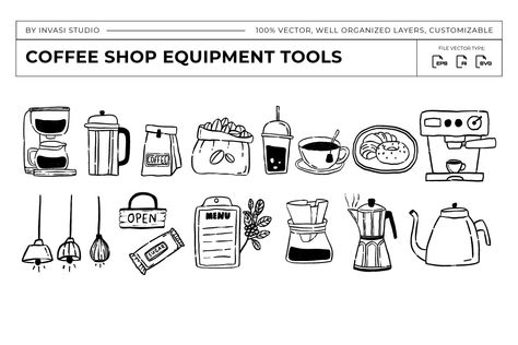 Hand drawn Coffee Shop Equipment Tools Coffee Shop Equipment, Ui Design Patterns, Coffee Vector, Coffee Shop Ideas, Coffee Equipment, Coffee Illustration, Shop Equipment, Vector Drawing, About Coffee