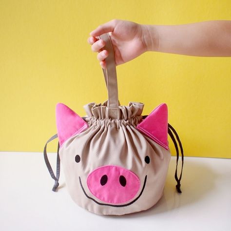 Pig Bag, The Three Little Pigs, Fabric Cross, Drawstring Purse, Bucket Purse, Animal Bag, Cute Pig, Year Of The Pig, Cat Bag