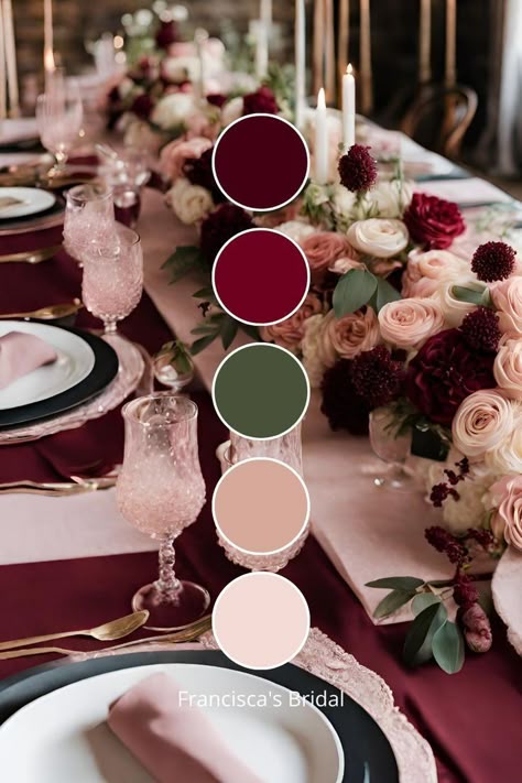 Burgundy And Blush Winter Wedding, Christmas Wedding Colour Scheme, Wedding Colour Palettes Winter, Winter Wedding Pallet, Late Winter Wedding Colors, Romantic Color Palette Wedding, Cinnamon Rose Wedding Theme, Berry Color Palette Wedding, Best Wedding Colors Combinations Classy