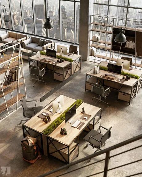 Loft style office design - 9GAG Office Inspiration Workspaces, Open Office Design, Office Furniture Layout, Industrial Office Design, Open Space Office, Office Design Inspiration, Loft Office, Modern Office Space, Modern Office Interiors