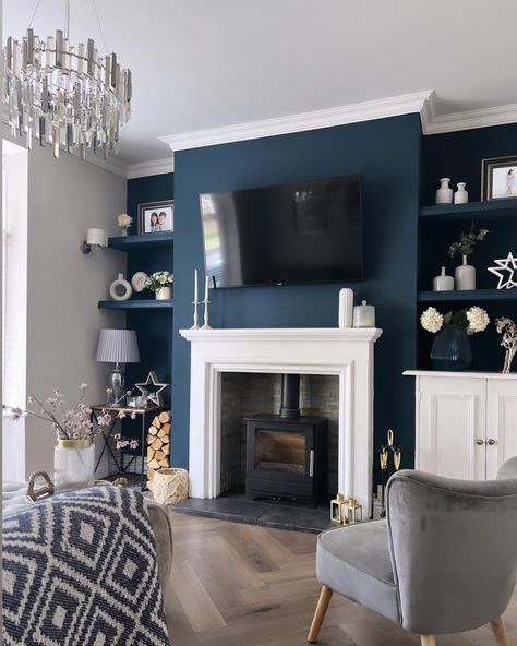 Navy Blue Alcove Living Room, Navy Grey And Cream Living Room, Blue Front Room Ideas, Blue Wall White Fireplace, Living Room Decor Dark Blue, Blue And White Den, Small Blue Living Room Ideas, Navy Chimney Wall, Navy White And Grey Living Room