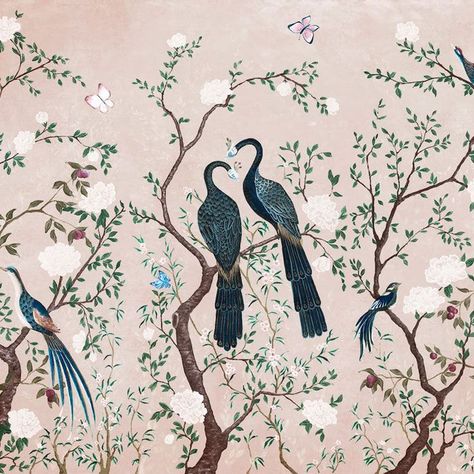 Designer Bird Wallpaper | F&P Interiors Asian Bedroom Decor, Asian Bedroom, Landing Ideas, Tapete Gold, Chinoiserie Design, Fabric Styles, Wall Interior, Floral Branch, Tile Wallpaper