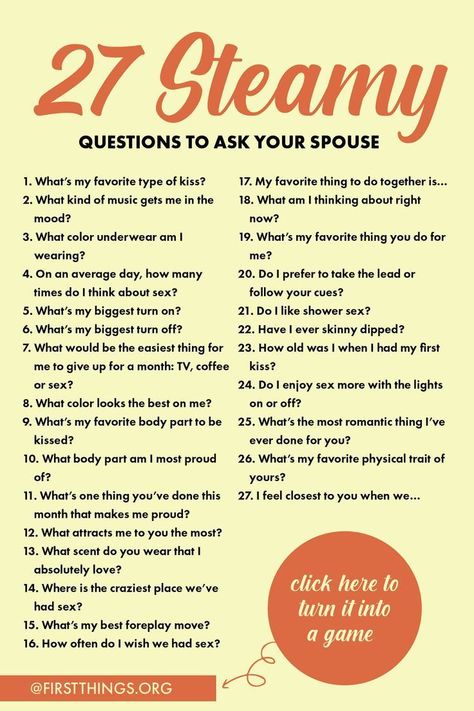 27 steamy questions to ask your spouse Places To Go For Valentines Day, Steamy Questions To Ask, Questions To Ask Your Spouse, The Newlywed Game, Deep Conversation Topics, Date Night Games, Newlywed Game, Creative Date Night Ideas, Intimate Questions