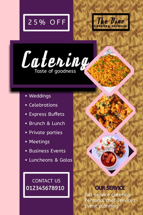 flyer for a brand offering Catering/food services Flyers For Food Business, Branding Services Poster, Catering Graphic Design, Catering Branding Design, Catering Services Poster, Catering Poster Design, Food Flyer Design Creative, Catering Services Flyer, Catering Flyer Design