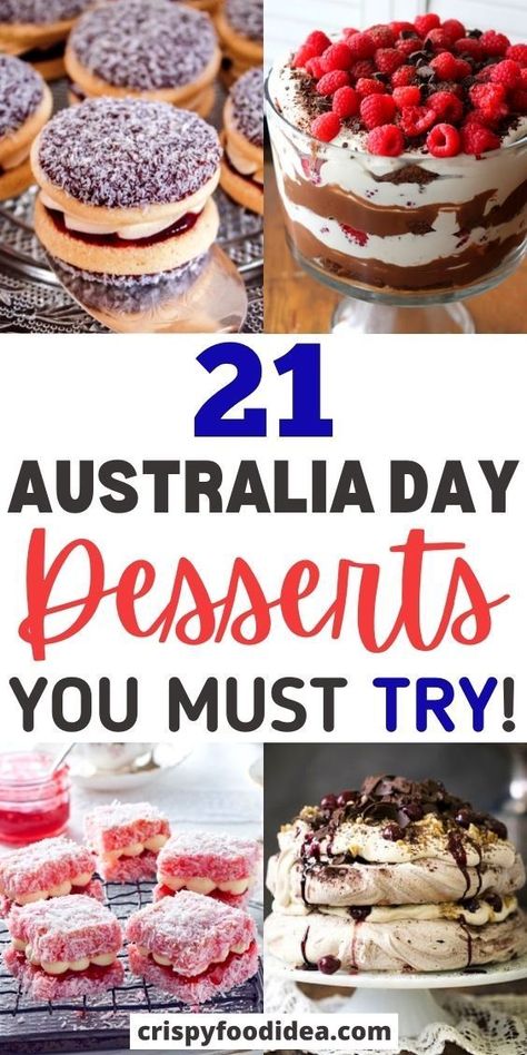 Australia Day is almost here (January 26th). In this national holiday Australian are celebrate this day with amazing breakfast, lunch, dinner and dessert, even various types of drinks. Here I share some tasty and easy Australia day desserts that everyone will love. #australia #australiaday #australiandesserts #holiday #desserts #treats #partyideas #crispyfoodidea Australian Foods, Australian Desserts, Aussie Recipes, Desserts Around The World, Australian Recipes, Types Of Drinks, International Desserts, Aussie Food, Amazing Breakfast