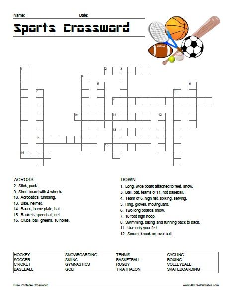 Free Printable Sports Crossword Sports Crossword, Report Comments, Printable Sports, Sky Zone, Sport Theme, Camp Activities, English Worksheet, Health Class, After School Club