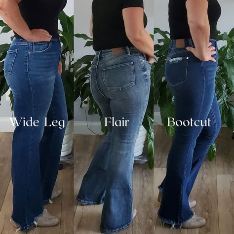 Flare vs. Bootcut vs. Wide Leg Jeans—What’s the Difference? 👖✨ With so many denim styles, it can be tough to choose the right fit! Let’s break down the key differences between flare, bootcut, and wide leg jeans to help you find your perfect pair. 👖 Flare Jeans: Fit: Snug through the waist, hips, and thighs, then dramatically flare out from the knee. Vibe: Retro, statement-making, and bold. Style Tip: Perfect with platforms or heeled boots to show off that dramatic flare! 👖 Bootcut Jeans: Fi... Bootcut Vs Flare Jeans, Flare Jeans Fit, Risen Jeans, Denim Chic, The Boutique, Bold Style, Casual Style Outfits, Fall 2024, Style Outfits