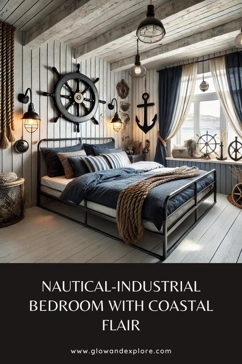 This beach cottage bedroom mixes nautical vibes with industrial touches. The metal-framed bed, dark blue bedding, and maritime decor give it a cozy yet rugged feel, perfect for anyone who loves coastal living with a bit of edge. ⚓ #ModernCoastalDecor #NauticalStyle #CozyHome Dark Coastal Decor, Nautical Room Ideas, Nautical Bedroom Master, Nautical Farmhouse Decor, Nautical Bedroom Ideas, Dark Blue Bedding, Ship Bedroom, Boys Nautical Bedroom, Framed Bed