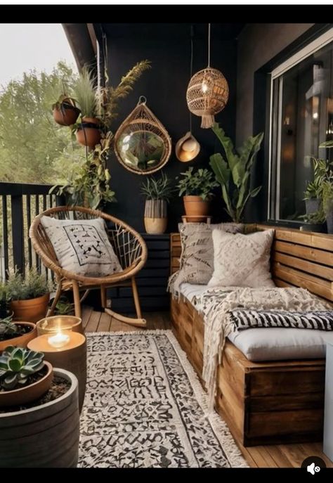 Cozy Boho Balcony Ideas, Cozy Outdoor Balcony, Balcony Seating Ideas, Boho Porch, Apartment Porch, Boho Balcony Ideas, Small Apartment Balcony Ideas, Boho Balcony, Condo Balcony