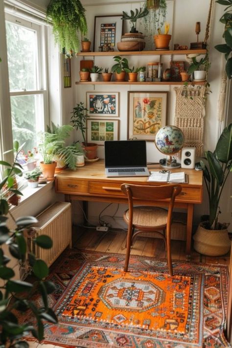 Make My Apartment Feel Like Home, Home Decor Ideas Scandinavian Style, Home Office Styling Ideas, Home Work Space Design, Bedroom With Desk Ideas, Cozy Boho Office, Shelves Over Desk, Desk Space Ideas, Wall Desk Ideas