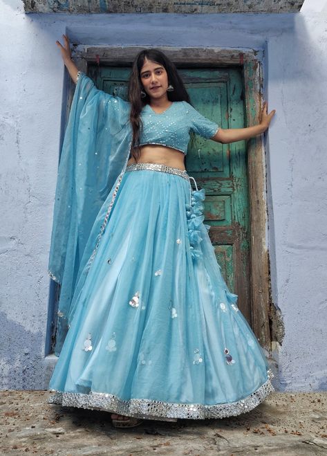 Blue Organza Lehenga, Sky Blue Lehenga, Haldi Outfit, Organza Lehenga, Blue Organza, Blue Lehenga, Banquet Dresses, Outfits Woman, Designer Outfits