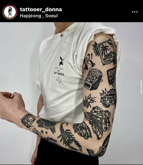 Edgy Men Tattoo, Patch Work Tattoo Men, Mens Patchwork Tattoo Sleeve, Old School Tattoo Sleeve, Edgy Tattoo, Tato Flash, Tato Henna, Tattoos Mandala, Traditional Tattoo Sleeve