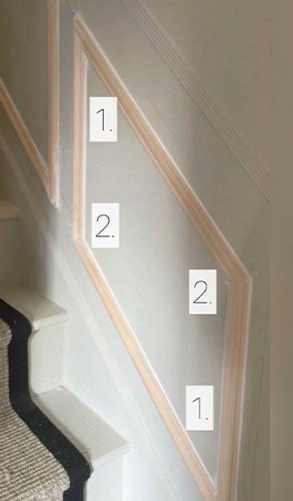 Stairs panelling - how to template the angles with no tools Paneling Up Staircase, Panelling For Stairs, Box Molding On Stairs, Hallway And Stair Panelling, Molding On Stairs Wall, Half And Half Stair Walls, Wall Trim Going Up Stairs, Panelling On Stairs Staircases, Stair Wall Molding Ideas