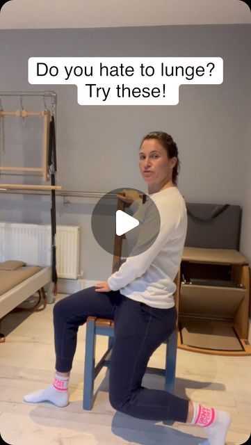 Charlotte / Pilates Instructor on Instagram: "📌save this easy tip to transform your lunge! Love them or hate them lunges are a brilliant exercise to build strength in your legs, hips and core…..so start doing them! Use the chair, then take away the chair then add some weights! Simple, all it takes is some practice. These is just a little of what we do in my new online program, Pilates for Menopause Wellness. A simple program to take at home in your own time. 9 quick 20min classes! #pilatesformenopause #kneerehab #hiprehab #lovetolunge" Exercise With Chair, Chair Leg Exercises, Banana Rolls Fat Exercise, Chair Pilates Exercises, Lunges Exercise, Pilates Flexibility, Chair Pilates, Exercise Pilates, Pilates Chair