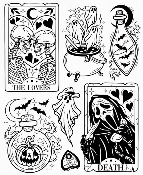 Flash Tattoo Horror, Spooky Tattoo Designs, Oldschool Tattoo Flash, Halloween Themed Tattoos, Tattoo Pumpkin, Halloween Flash Tattoo, Spooky Flash, Scream Face, Halloween Tattoo Flash