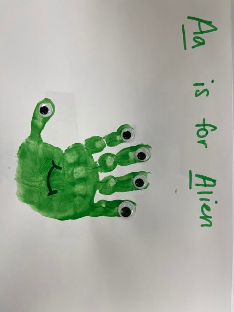 Letter A Infant Crafts, A Is For Handprint Craft, A Is For Craft Handprint, Letter A Handprint, Alligator Handprint Craft, Aba Crafts For Kids, One Year Old Handprint Art, Space Handprint Art, A Handprint Craft