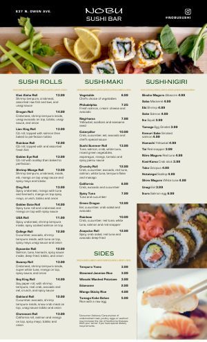 sushi menu Design Templates - MustHaveMenus (112 found) Japanese Menu Layout, Japanese Restaurant Menu Design, Asian Menu Design, Sushi Menu Design, Sushi Takeaway, Japanese Menu Design, Japanese Restaurant Menu, Noodles Menu, Japanese Izakaya