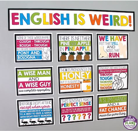 7 Tips for Decorating English Classrooms for Teens | SECONDARY SARA English Bulletin Boards, Ela Bulletin Boards, English Is Weird, English Classroom Posters, Middle School English Classroom, English Classroom Decor, High School English Classroom, First Classroom, English Posters