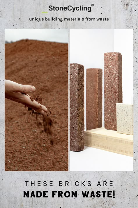 WasteBasedBricks® - Sustainable Building Materials from Waste by StoneCycling® || #sustainability #buildingmaterial #construction #architecture #interiordesign #architect #materials #material #upcycling #recycling #stonecycling #brick Recycled Building Materials Architecture, Sustainable Building Materials Construction, New Building Materials, Recycled Materials Architecture, Eco Building Materials, Sustainable Construction Materials, Sustainable Materials Interior Design, Recycled Building Materials, Biomaterials Architecture