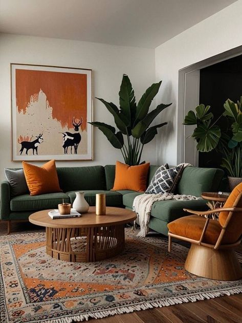 Home Decor Green Couch, Rust Orange Interior Design, Orange And Green Mid Century, Mid Century Green Couch, Modern Southwest Office, Cosy Earthy Living Room, Cognac And Green Living Room, Cozy Minimalist Living Room Small Spaces, Decor Aesthetic Types