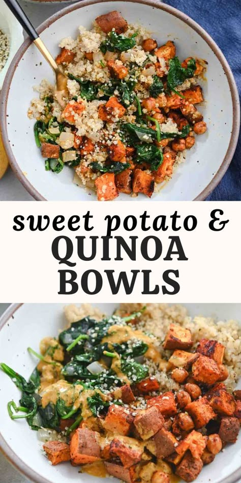 Chickpea, sweet potato and quinoa bowls are perfect for meal prep and make ahead lunches. They feature seasoned roasted sweet potatoes, two sources of plant-based protein, and a zesty lemon-almond sauce. This recipe is vegan & gluten-free. Sweet Potato And Quinoa, Chickpea Sweet Potato, Quinoa Recipes Healthy, Sweet Potato Bowls, Quinoa Bowls, Quinoa Sweet Potato, Healthy Bowls Recipes, Healthy Plant Based Recipes, Plant Based Diet Recipes