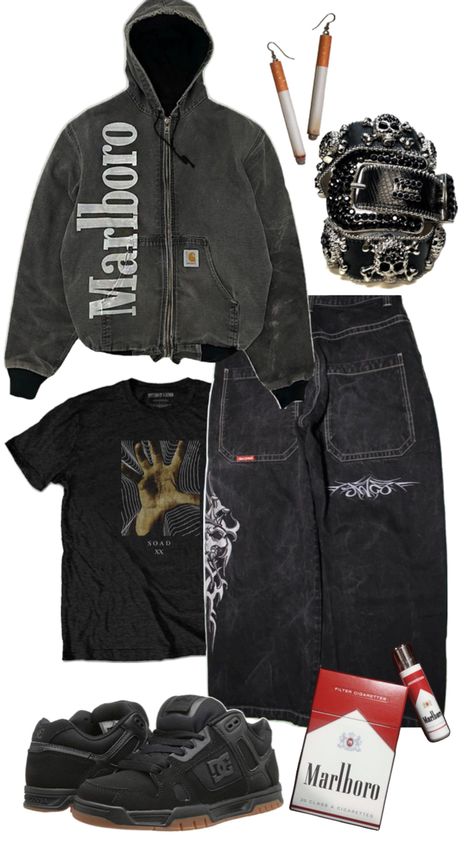 Marlboro jacket, cigarette earrings, DC shoes, SOAD, skull belt, baggy pants How To Style Dc Shoes, Baggy Cargos Men, Dc Clothes, Baggy 2000s Fashion Men, Y2k Baggy Pants Men, Dc Shoes Aesthetic, Dc Outfits, Dc Shoes Outfit, Men’s Baggy Pants