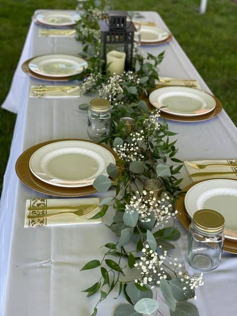 Greenery Food Table Decor, Greenery Baby Shower Tables, Eucalyptus Dinner Table Decor, Greenery Baby Shower Table, Centerpieces Wedding Sage Green, Sage And Gold Table Decor, Sage Green Bridal Shower Table Ideas, Sage Green Brunch Decor, Olive Leaf Table Decor