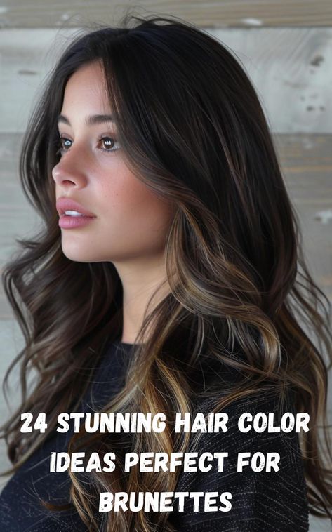 Transform your look with these 24 gorgeous hair color ideas tailored for brunettes. Whether you're looking for subtle highlights, bold ombre, or rich shades of chocolate and caramel, these trends will inspire your next hair transformation and enhance your natural beauty. Dark Brown Balayage Long Hair, Long Brown Dimensional Hair, Hair Colors For Cool Toned Skin Brown Eyes, First Time Balayage Brunettes, Dark Hair Bayalage Long, Cool Tone Ombre Hair, Ombre Hair Ideas For Brunettes, Medium Brown Hair With Soft Highlights, Lived In Burnett