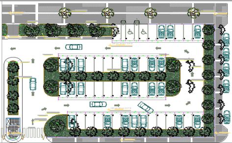 Landscaping details with car parking plot of super market dwg file Basement Car Parking Design, Car Parking Landscape, Basement Parking Plan, Car Park Design, Parking Plan, Basement Parking, Educational Architecture, Parking Building, Architectural Orders