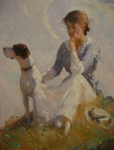 1914 ~ "Girl with a Dog" ~ Oil on Canvas by Frank Weston Benson (1862-1951), American Artist .... https://flic.kr/p/8TsdnV .... Frank Weston Benson, People With Pets, St Louis Art Museum, St Louis Art, American Impressionism, American Painters, Childe Hassam, Salem Massachusetts, Art People