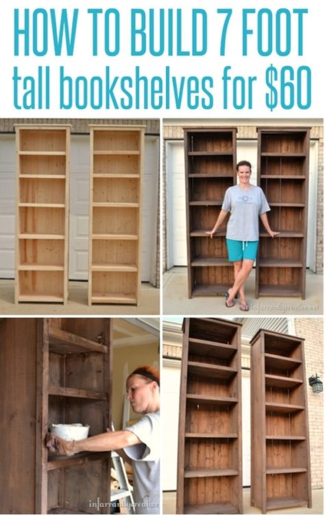 Build 7' tall bookshelves for only $60! How To Make Bookshelves, Diy Bookshelf Plans, Bookcase Plans, Tall Bookshelves, Bookshelf Plans, Diy Tumblr, Building Furniture, Bookshelves Diy, Free Plans