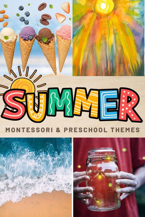 Preschool Themes for Summer Summer Play Based Learning, Preschool Summer Camp Themes, Summer Camp Themes Weeks, Summer Themes For Daycare, Summer Themes For Preschool, Preschool Summer Themes, Summer Camp Theme Ideas, Camping Dramatic Play, Summer Preschool Themes