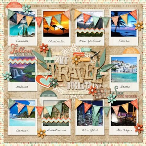 Project Life Scrapbook Ideas, Travel Scrapbooking Ideas Layout, Bucket List Scrapbook, Adventure Scrapbook, Bridal Shower Scrapbook, Scrapbook Memories, Scrapbooking Layouts Travel, Paper Bag Scrapbook, Travel Scrapbook Pages