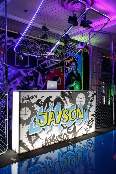 Street Ball Bar Mitzvah | Epic Events | PartySlate Graffiti Party Theme, Fresh Prince Theme, Bar Mitzvah Decorations, Adult Slumber Party, Graffiti Party, Game Expo, Urban Party, Bat Mitzvah Themes, Bar Music