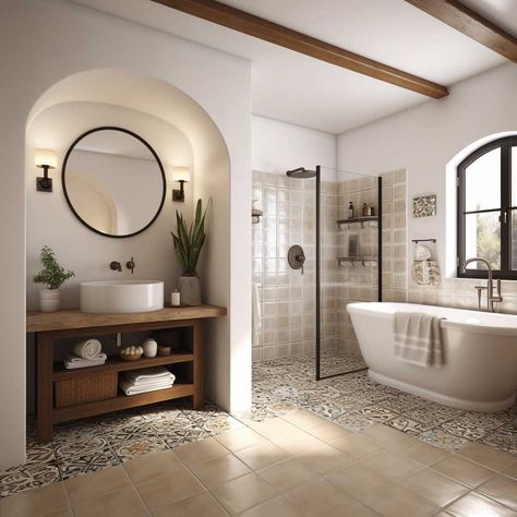 24 Inspiring Modern Bathroom Designs with a Spanish Touch • 333+ Images • [ArtFacade] Spanish Villa Bathroom Ideas, Modern Spanish Style Homes Interior Living Room, Modern Spanish Bathroom Ideas, Spanish Inspired Bathroom, Hacienda Style Bathroom, Modern Spanish Style Homes Interior, Spanish Bathroom Ideas, Modern Spanish Bathroom, Spanish Colonial Interior Design