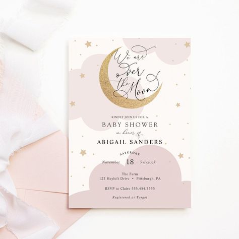 Over the Gold Moon Pink Baby Shower  editable blank Dream Come True Baby Shower Theme, Mail Pink, Moon Baby Shower Invitation, Baby Shower By Mail, Shower By Mail, Moon Baby Shower, Watercolor Baby Shower, Pink Baby Shower Invitations, Star And Moon