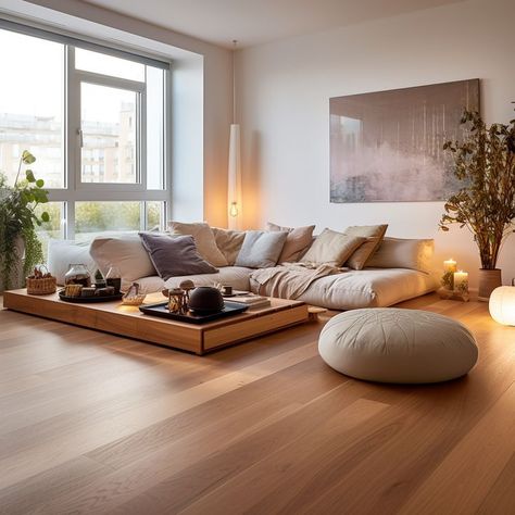 Minimalist Wooden Living Room, Low To The Ground Living Room, Floor Seated Living Room, Low Cushion Seating, Low Seating Ideas Living Room, Low Sofas Living Room, Minimalist Living Room Wooden Floor, Sofa On Wooden Flooring, Modern Low Sofa