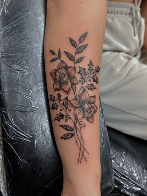 Birth Flower Tattoos Arm Sleeve, Daffodil And Holly Berry Tattoo, December Flower Narcissus, Holly Narcissus Flower Tattoo, Holly And Daffodil Tattoo, Flower Bouquet Tattoo Cover Up, December Flower Bouquet Tattoo, December Birth Flower Bouquet Tattoo, Holly And Narcissus Flower Tattoo