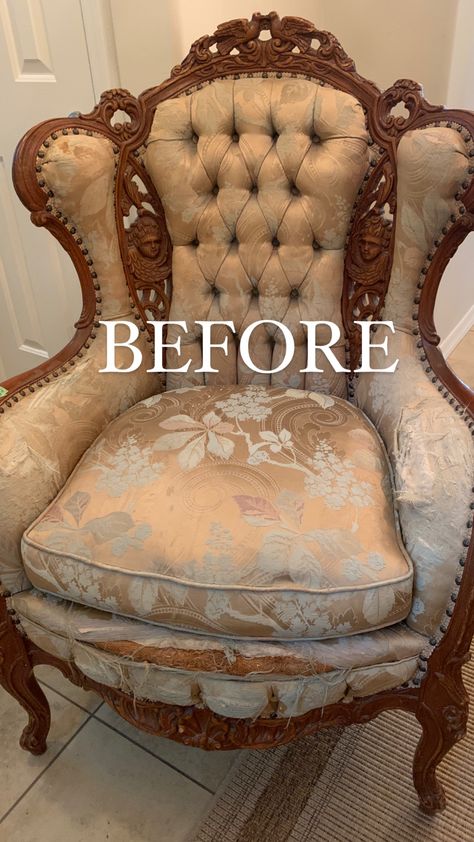 DIY Upholstery Antique Chairs Reupholstered Fabric, Antique Setee Makeover, Upholstered French Chairs, Reupholstered Chairs Before And After, Reupholstered French Chair, Reupholster Victorian Chair, Reupholster Tufted Chair, Deconstructed Chair Diy, Victorian Sofa Reupholstered