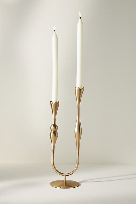 Showcase your favorite taper candles on your dining table or mantelpiece with this unique candle holder. | Marizia Candle Holder by Anthropologie in Gold, Size: Small Brass Candlestick Holders, Midcentury Candle Holders, Candles On Console Table, Funky Candle Sticks, Small Decorative Shelves, Old Candle Holders, Hand Built Ceramic Candle Holder, Candlestick Holders Decor, Candle Decorations For Home