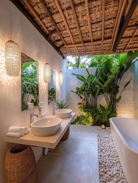 Bali Villa Bathroom Interior Design, Tropical Eco House Design, Bali Tropical Villa, Traditional Balinese House, Small Bali House, Bali Villa Garden, Bali House Plans, Bali Decor Interior Design, Bali House Interior