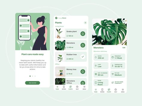 Plant care app screens. Welcome screen, plant list screen and plant health details screen. Moodboard App, Plant App, Ui Design Dashboard, Screen Plants, Plant Help, Mobile App Ui, Plant Health, Plant List, App Ui Design