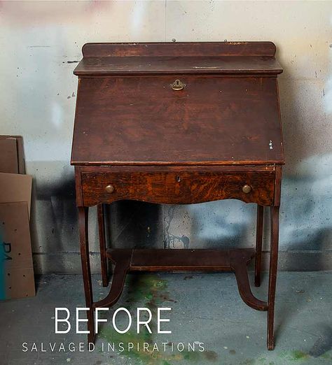 Painted Secretary Desk - Salvaged Inspirations Vintage Writing Desk Makeover, Small Secretary Desk Makeover, Chalk Painted Secretary Desk, Antique Secretary Desk Decor, Antique Secretary Desk Makeover Ideas, Diy Secretary Desk, Writing Desk Makeover, Painted Antique Desk, Antique Desk Makeover